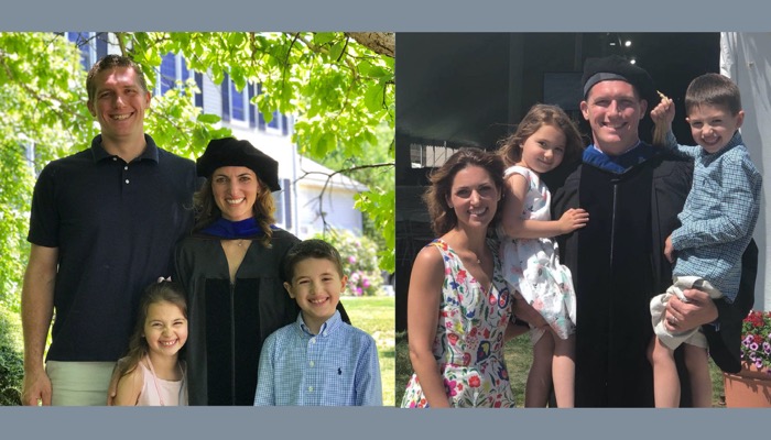 Family with children at PhD commencement. One side shows the mom's commencement and the other side shows the dad's commencement.